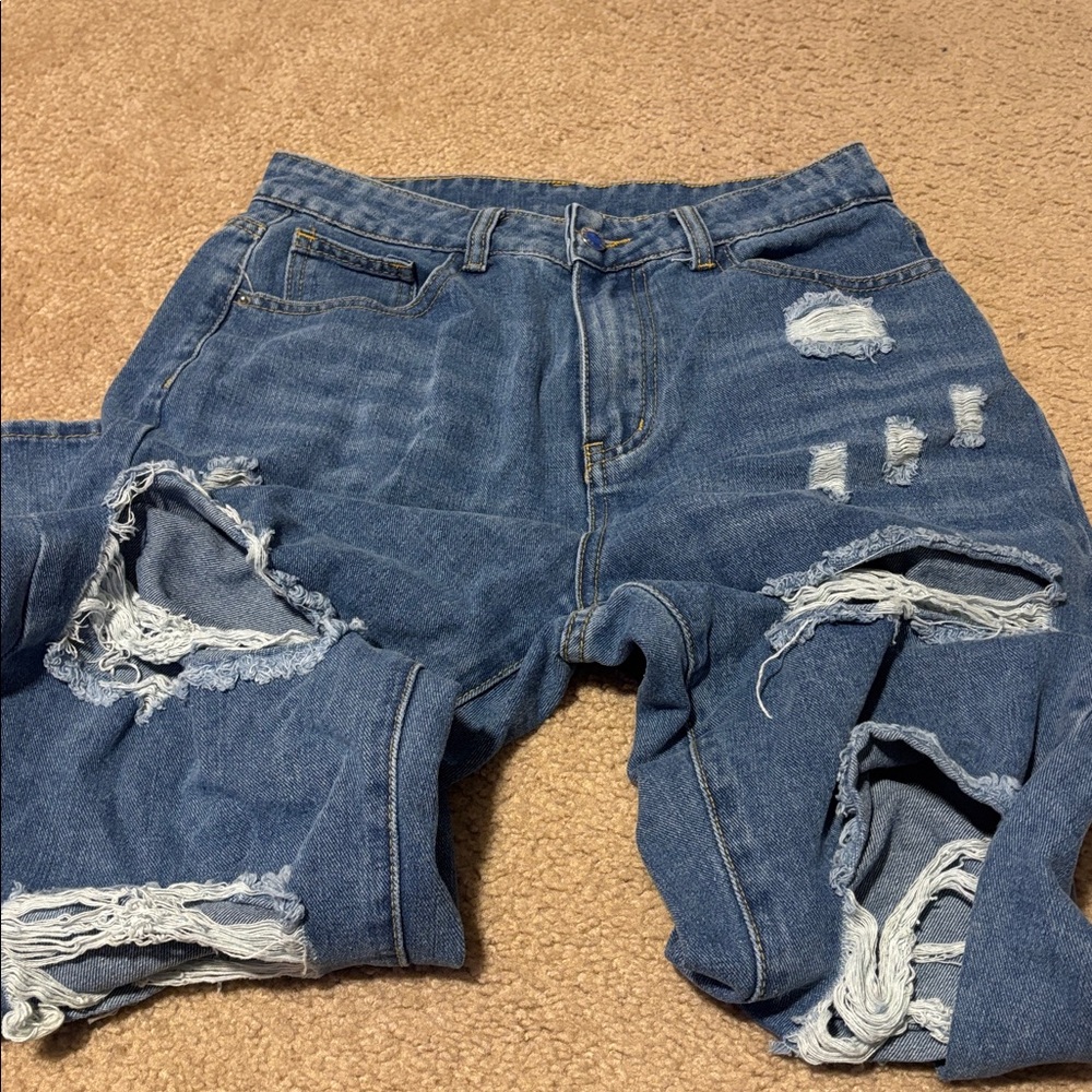 SHEIN Blue Distressed Flare Jeans